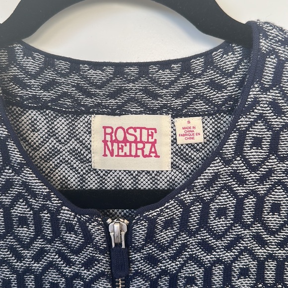 ANTHROPOLOGIE Geo Diamond Jacket Knit Grey Navy Blue Collarless Zip Front NEW - Picture 5 of 6